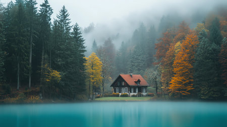 A serene lakeside cabin surrounded by autumn foliage on a misty morning in a peaceful mountain settingの素材
