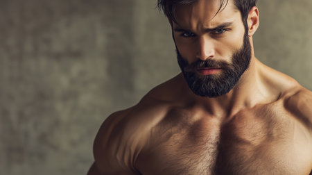 A muscular man with a well-groomed beard poses against a textured wall, showcasing strength and confidence in a dimly lit settingの素材