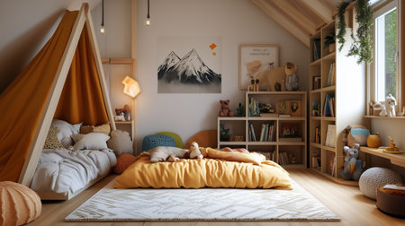 Cozy childrens bedroom with mountain-themed decor and a reading area featuring soft textures and warm colorsの素材