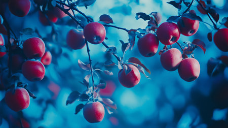 Beautiful apples hanging from branches in a serene blue-toned orchard during early autumnの素材