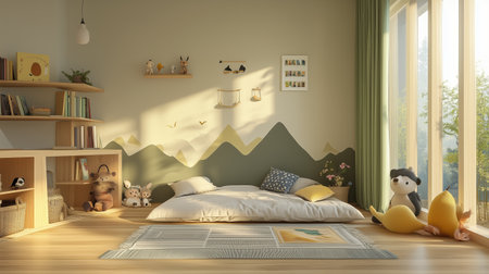 Cozy childrens bedroom with soft sunlight, plush toys, and nature-inspired decor in a serene settingの素材