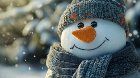 A cheerful snowman stands in a winter landscape, adorned with a knitted hat and scarf, capturing the essence of a snowy dayの素材