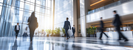 Professionals walking through a modern office lobby with large windows in an urban environment during daylight hoursの素材