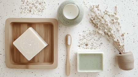 Minimalistic bathroom setup featuring natural soap, a toothbrush, candle, and dried flowers arranged on a speckled countertopの素材