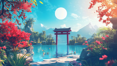 A serene landscape featuring a red torii gate by a tranquil lake surrounded by vibrant flowers and mountains under a full moonの素材