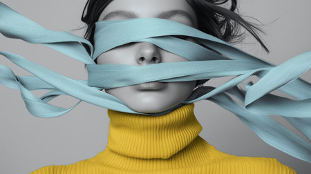 A creative fashion display featuring a mannequin with a vibrant yellow turtleneck and blue ribbons covering its eyesの素材