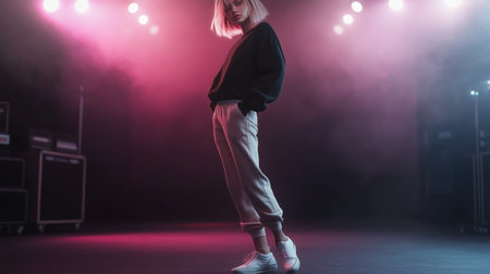 Young woman in casual attire poses confidently on stage under vibrant, colorful lights during a music event at nightの素材