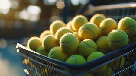 A basket filled with bright yellow tennis balls on the court during late afternoon sunlightの素材