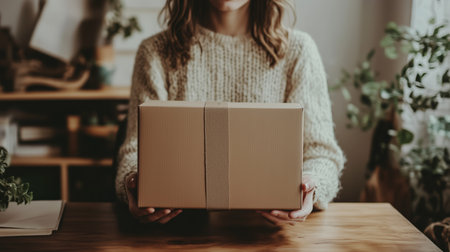 A woman in a cozy sweater holds a brown cardboard box on a wooden table surrounded by indoor plants in a warm, inviting roomの素材