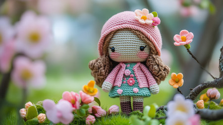 Colorful crochet doll surrounded by blooming flowers in a serene garden during springtimeの素材
