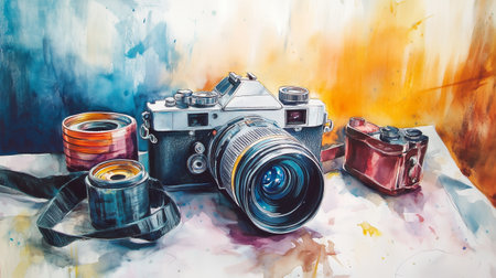 A vintage camera with film rolls and a strap displayed artistically on a colorful backdrop in a warm light settingの素材