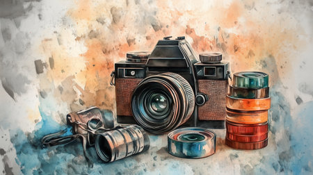 A classic camera surrounded by film rolls and a vintage film canister resting on a textured backgroundの素材