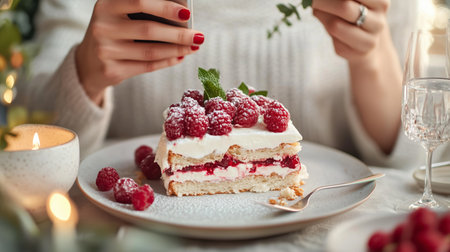 Delicious raspberry dessert served on a plate with festive decor during a cozy gathering at a dining tableの素材
