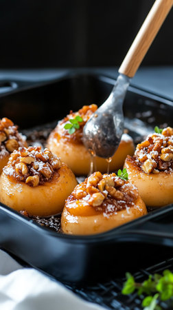 Delicious homemade dessert made with sweetened dough topped with nuts in a black serving dish, garnished with fresh herbsの素材