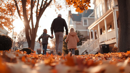 A father and children enjoy a walk through a vibrant autumn street covered with colorful leaves in late afternoon lightの素材