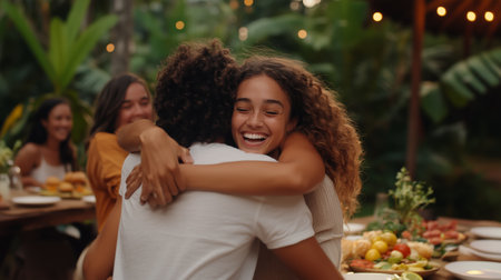 Friends joyfully hugging during a vibrant outdoor gathering filled with food and greenery in a tropical setting at duskの素材