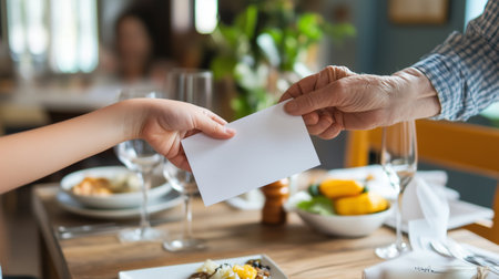 A person hands an envelope to another over a dining table during a casual lunch in a cozy restaurant settingの素材