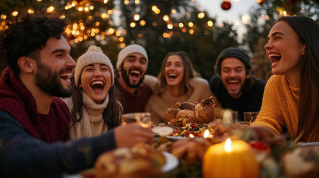 Joyful gathering around a festive table filled with food during a winter evening celebrationの素材