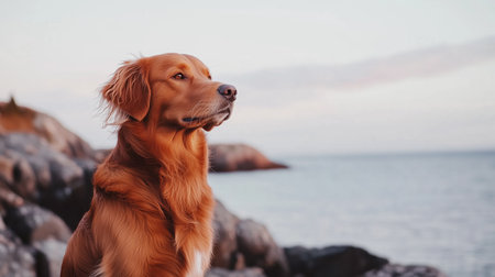 A golden retriever sits on a rocky shore, gazing at the vast ocean in the eveningの素材