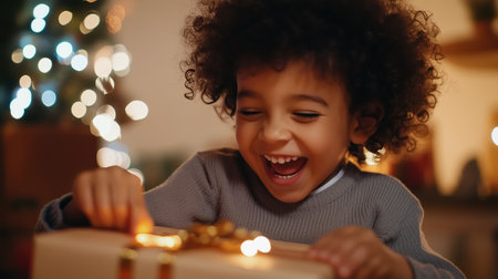 A young child with curly hair excitedly opens a gift in front of a Christmas treeの素材