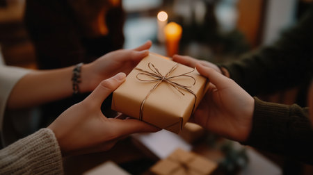 Two people exchange a gift, wrapped in brown paper and tied with twine, in front of a warm lightの素材