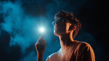 A young man holds a flashlight in front of him while looking up at the night sky, illuminated by a blue lightの素材