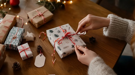 A person ties a red ribbon around a Christmas gift on a wooden tableの素材