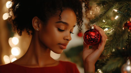 A young woman in a red sweater looks down at a red ornament she is holding while decorating a Christmas treeの素材
