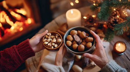 Two hands hold bowls of nuts in front of a cozy fireplaceの素材
