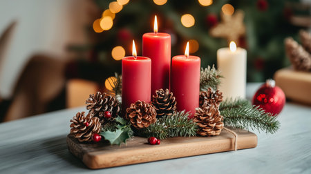 Three red candles and one white candle are burning on a wooden board surrounded by pine branches and pineconesの素材