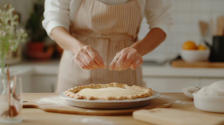 A person sprinkles flour on a pie crust in a kitchenの素材