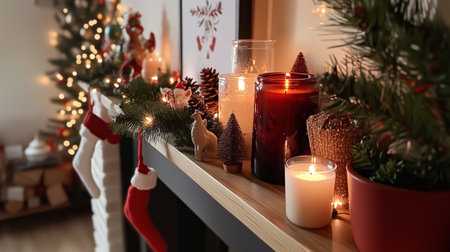 A fireplace mantel decorated for Christmas with candles, greenery, and ornamentsの素材
