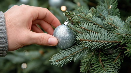 A hand places a silver ornament on a Christmas tree branchの素材