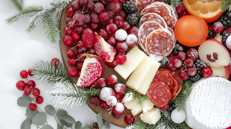 A festive charcuterie board with red and white grapes, salami, cheese, and other holiday treatsの素材