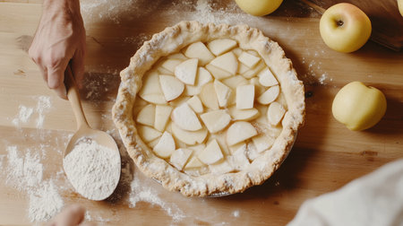 A hand sprinkles flour over a pie crust filled with sliced apples on a wooden tableの素材