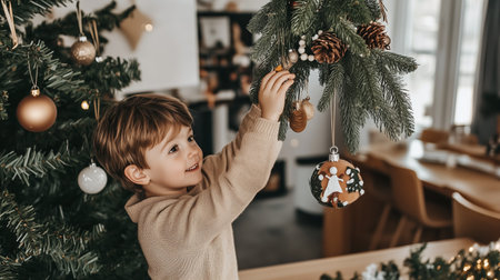 A young boy hangs a Christmas ornament on a tree in a homeの素材