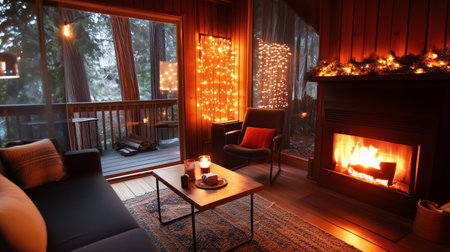 A cozy cabin living room is decorated with string lights and a fireplace on a snowy dayの素材