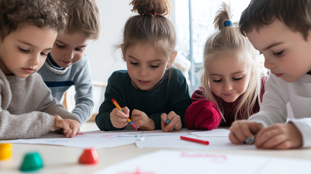 Five children are sitting around a table, drawing with colored pencilsの素材