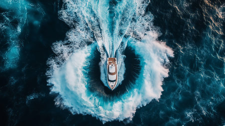 Aerial view of a speeding boat creating a dramatic wake in deep blue ocean waters during bright daylightの素材