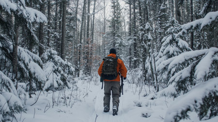 A person hiking through a snowy forest with tall trees and a winter landscape in a secluded area during daylight hoursの素材