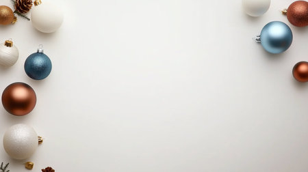 White, blue, and bronze Christmas ornaments are scattered on a white surfaceの素材