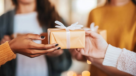 A person hands a wrapped gift to another personの素材