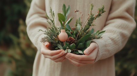 A person holds a bouquet of green branches and a pink pod, outdoorsの素材