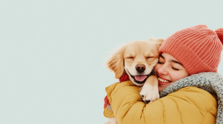A woman wearing a pink beanie and a yellow jacket hugs her golden retriever dog in the winterの素材