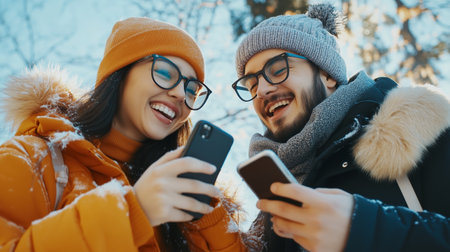 A couple laughs while looking at their phones on a snowy dayの素材