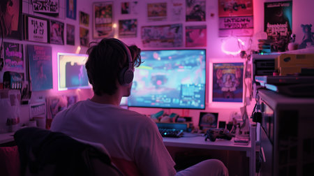 A gamer sits in front of a computer screen, focused on the game. He is wearing headphones and the room is lit with colorful lightsの素材