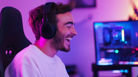 A young man in headphones laughs while gaming in a dimly lit roomの素材
