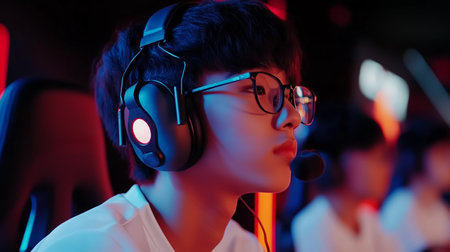 A young man wearing glasses and headphones concentrates on a game while sitting in a dimly lit roomの素材