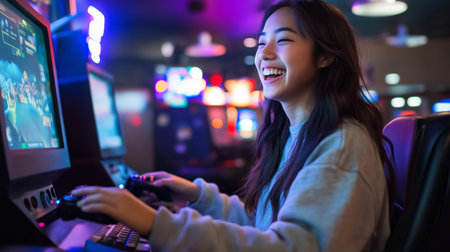A woman laughs while playing a game at an arcadeの素材
