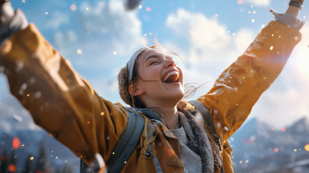 A young woman, wearing a mustard-colored jacket and backpack, stands with arms outstretched, laughing joyfullyの素材